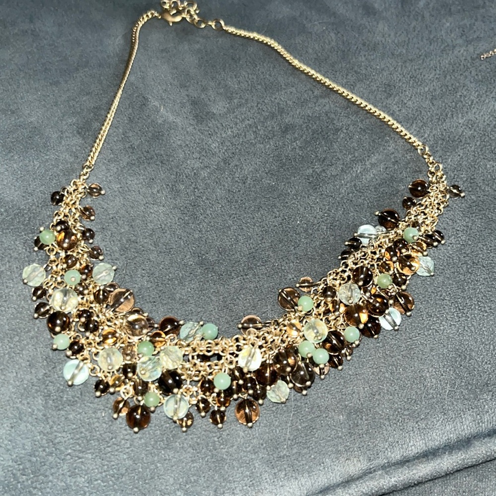 Ann Taylor Gold & Light Green and Smoky topaz Beaded Collar Necklace